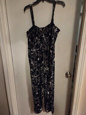 Isabel Black Floral Jumpsuit with White Outline Print Size XXL